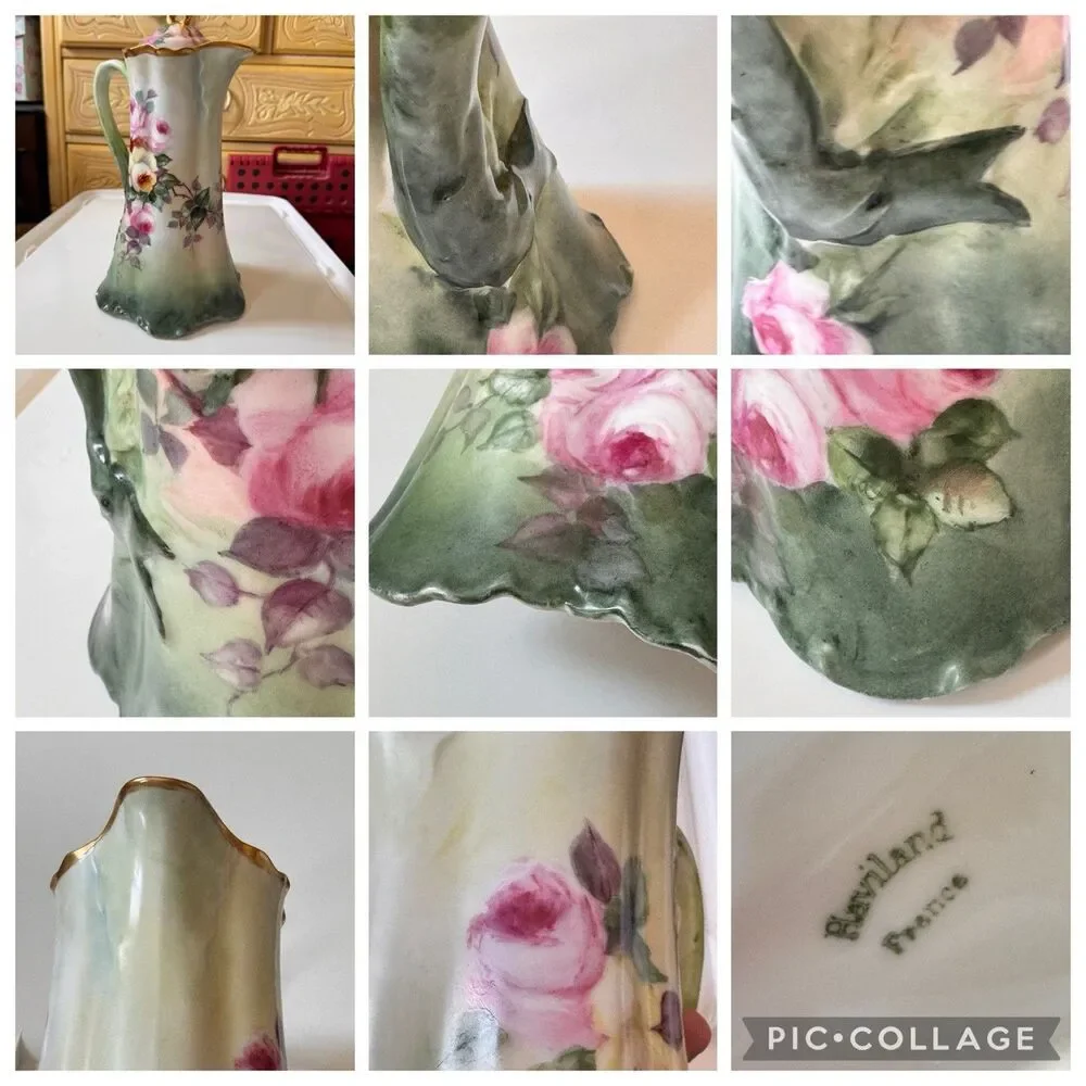Antique Haviland Limoges Green Beauty Rose Chocolate Pot Gold France 13 Pieces